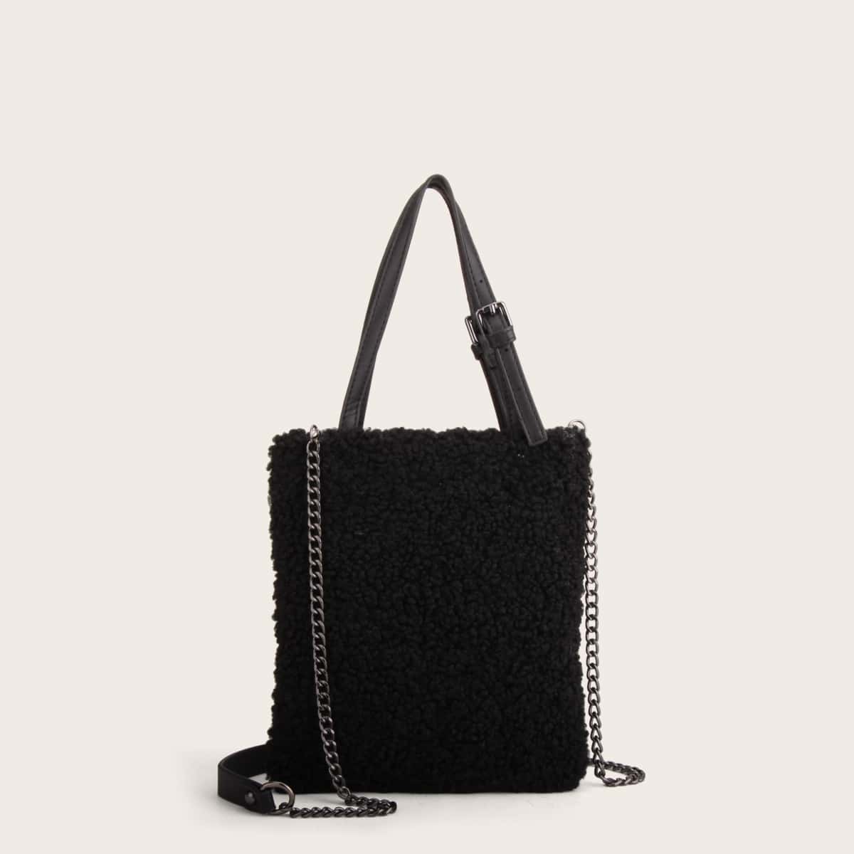 

Faux Shearling Chain Shoulder Bag, Black