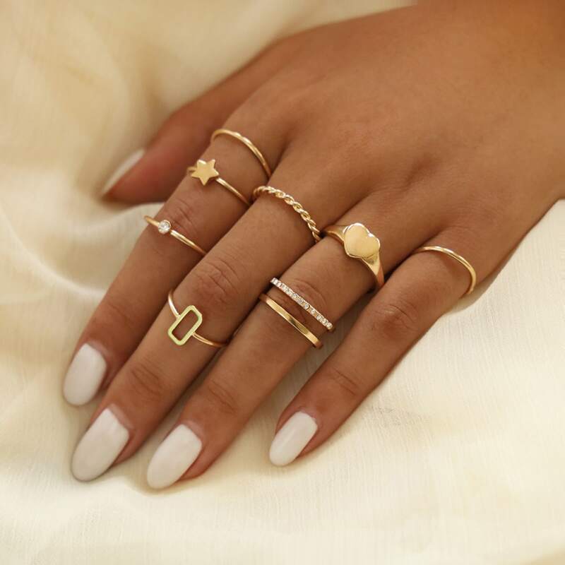 

8pcs Rhinestone Heart & Star Ring, Gold