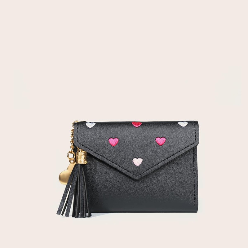 

Tassel Decor Heart Embroidered Purse, Black
