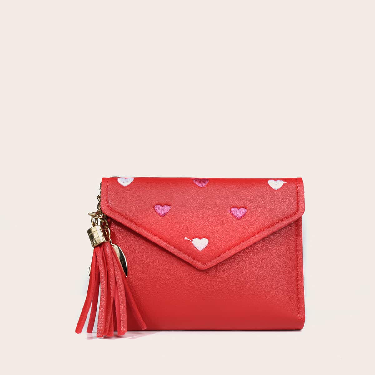 

Tassel Decor Heart Embroidered Purse, Red