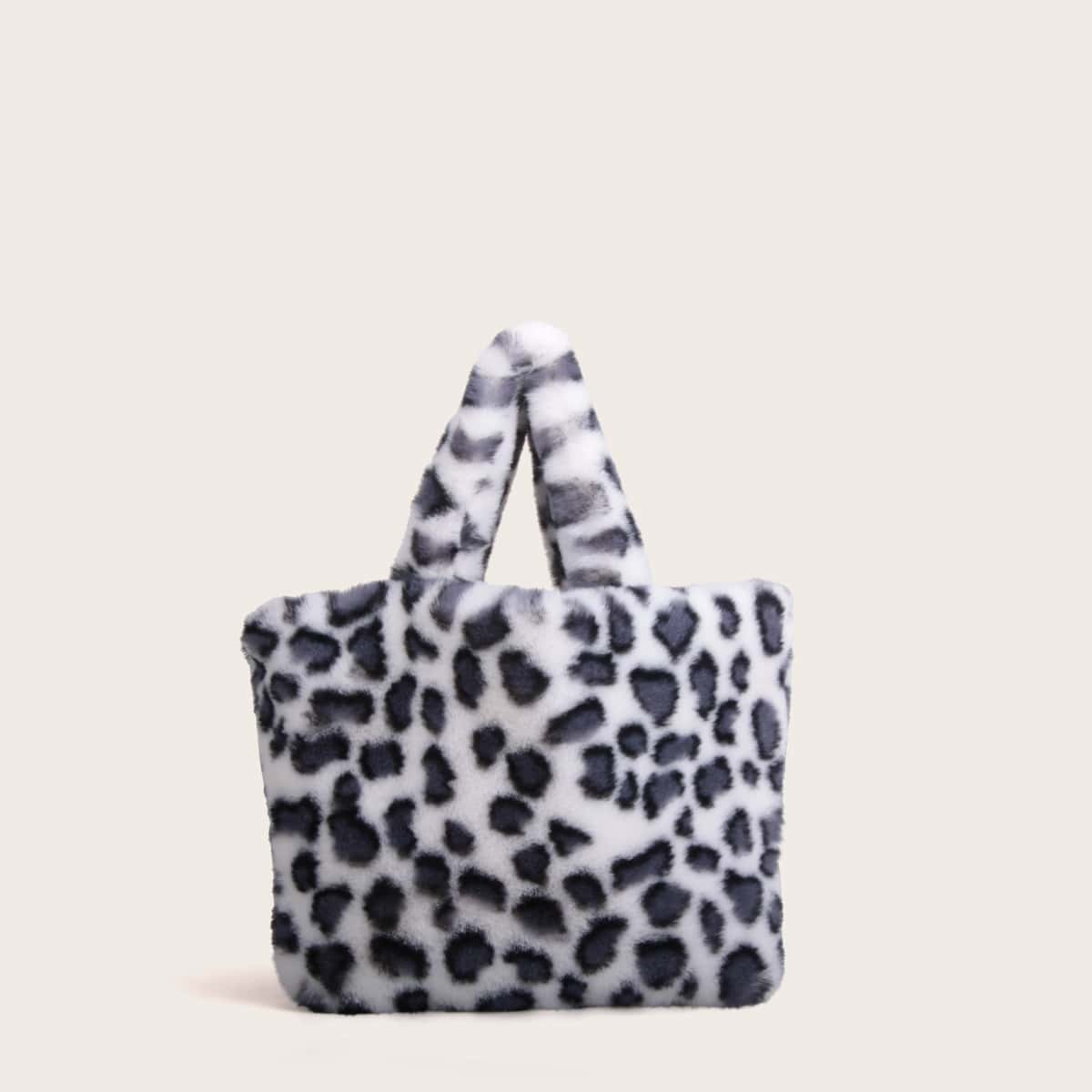 

Leopard Fluffy Tote Bag, Black and white