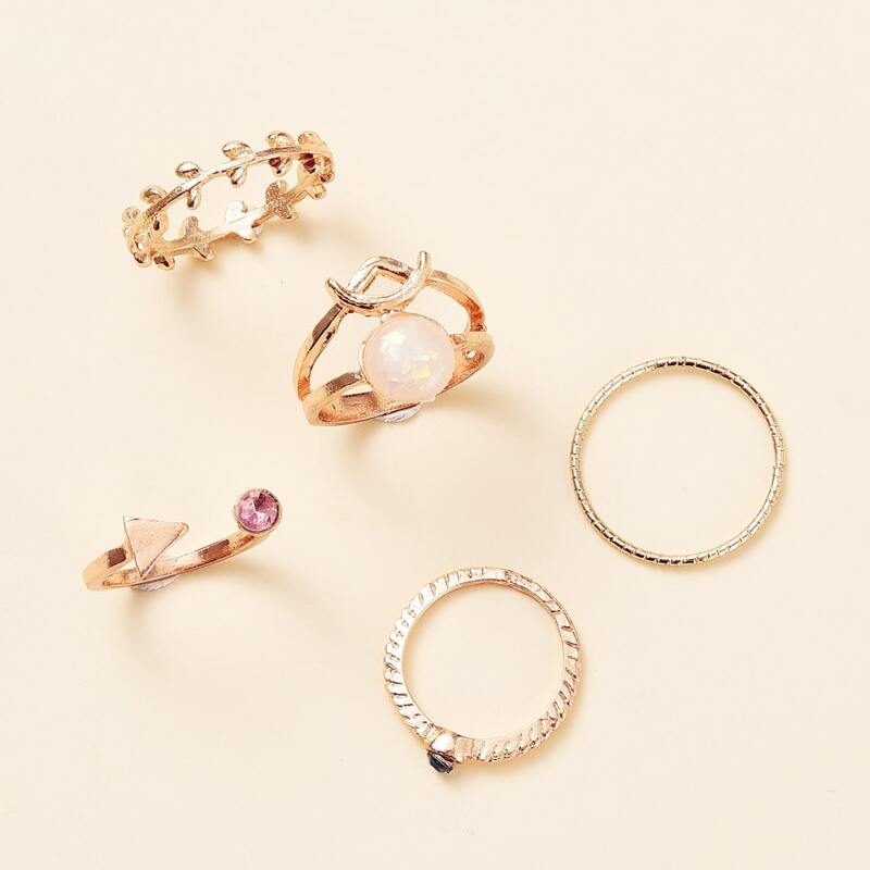 

5pcs Rhinestone Moon Ring, Gold