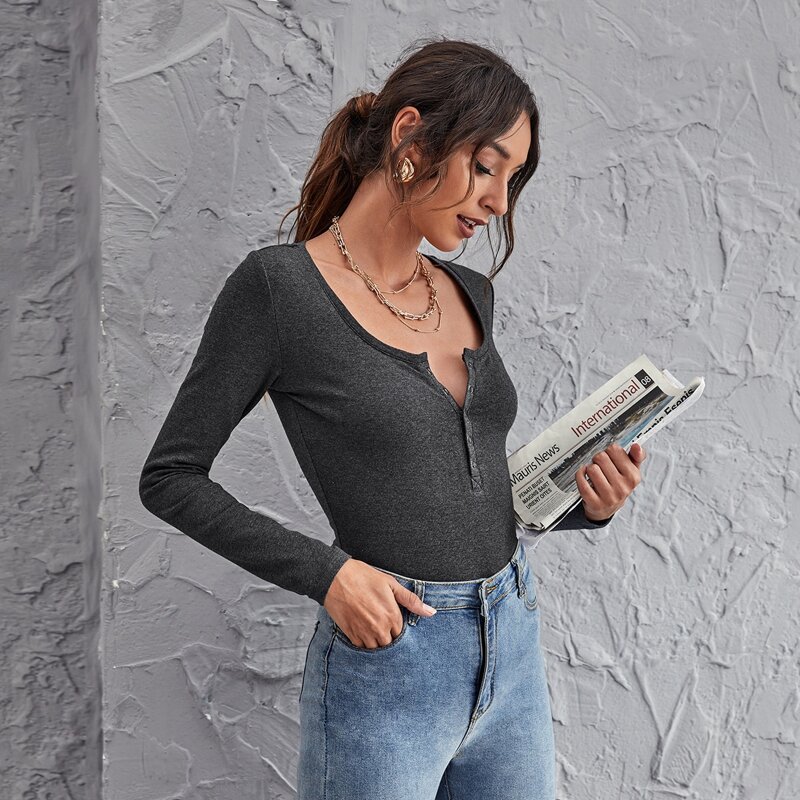 

Press Button Half Placket Top, Dark grey