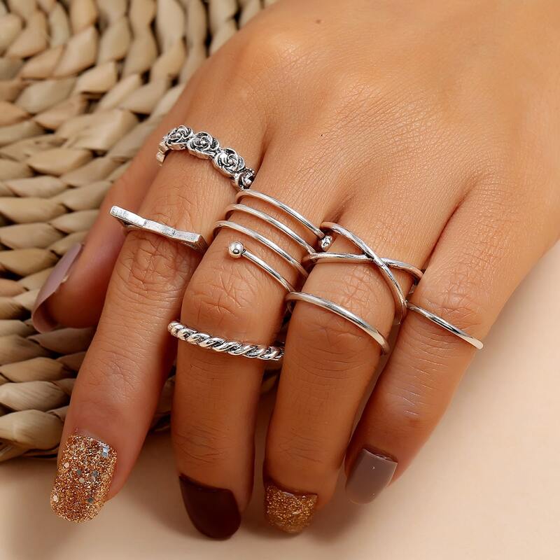 

7pcs Floral & Circle Ring, Silver