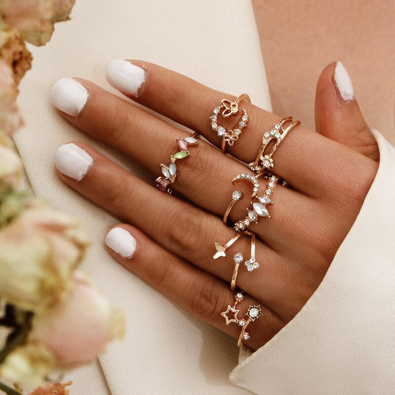 

7pcs Rhinestone Star & Moon Ring, Gold
