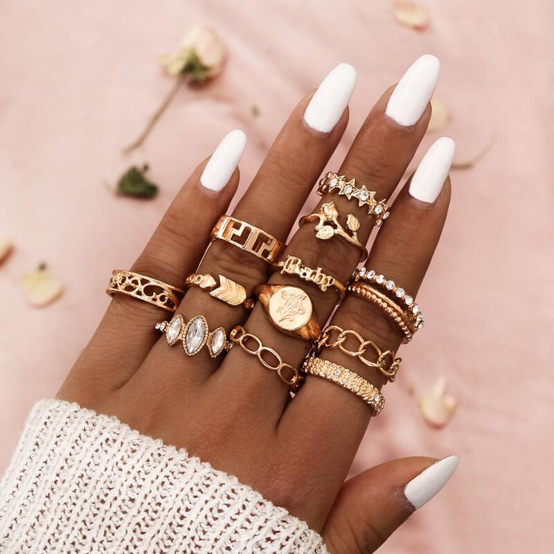 

12pcs Rhinestone Floral & Star Ring, Gold
