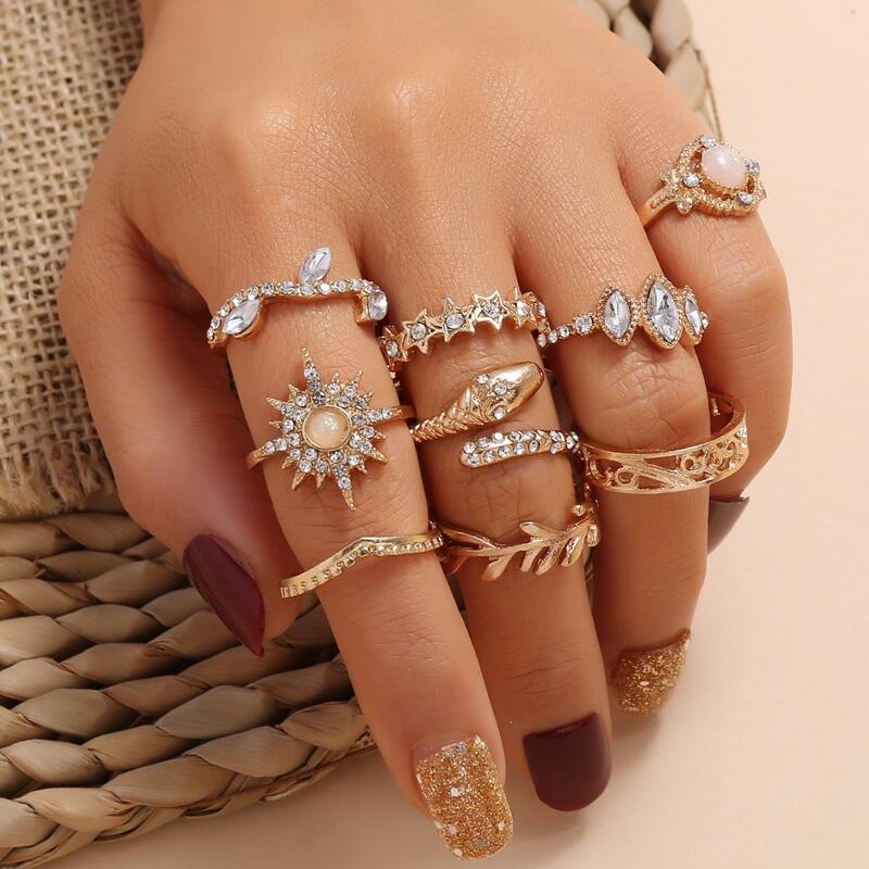 

9pcs Rhinestone Snake & Star Ring, Gold