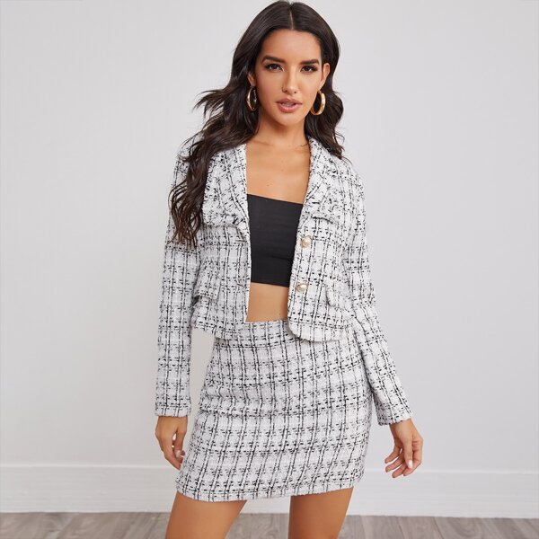 

Pearl Button Plaid Tweed Jacket & Skirt Set, Black and white