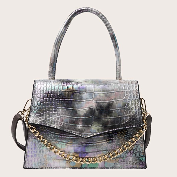 

Chain Decor Croc Embossed Satchel Bag, Silver
