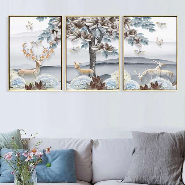 

3pcs Elk Print Wall Painting Without Frame, Multicolor
