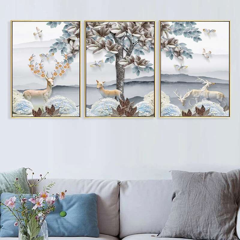

3pcs Elk Print Wall Painting Without Frame, Multicolor