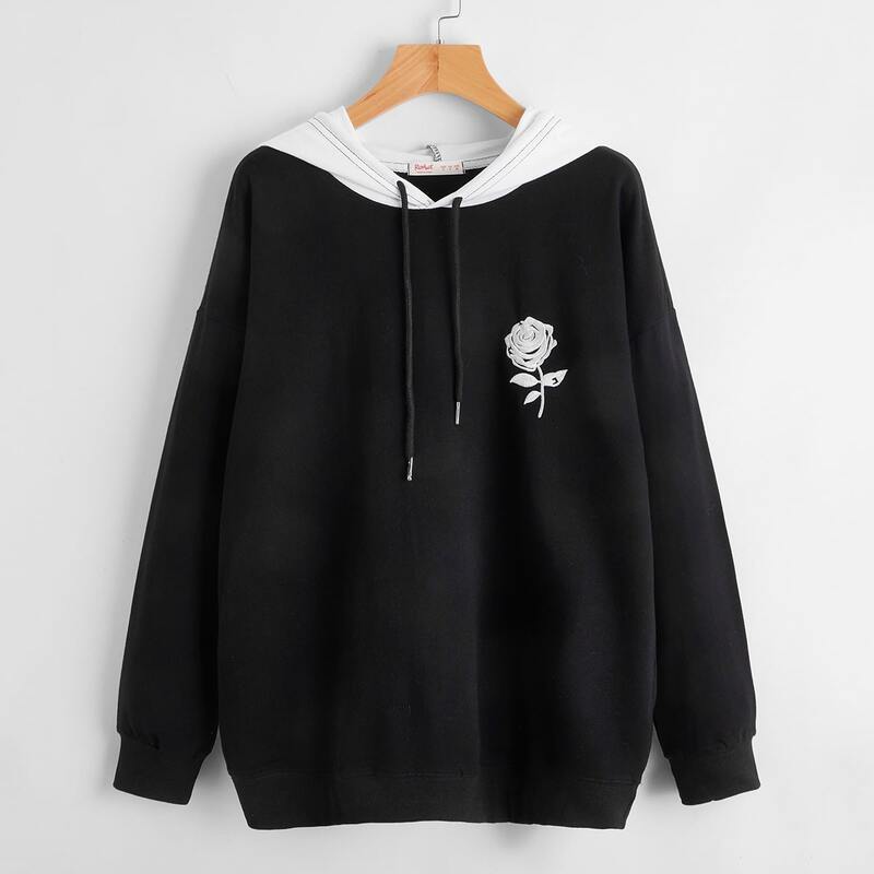 

Rose Embroidery Hoodie, Black and white