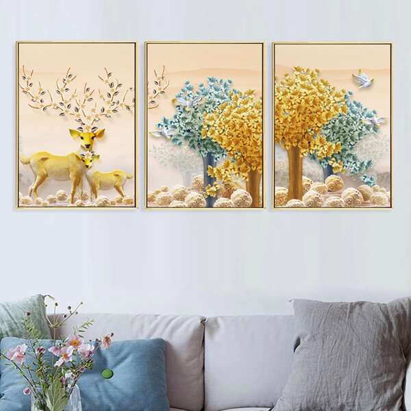 

3pcs Elk Print Wall Painting Without Frame, Multicolor