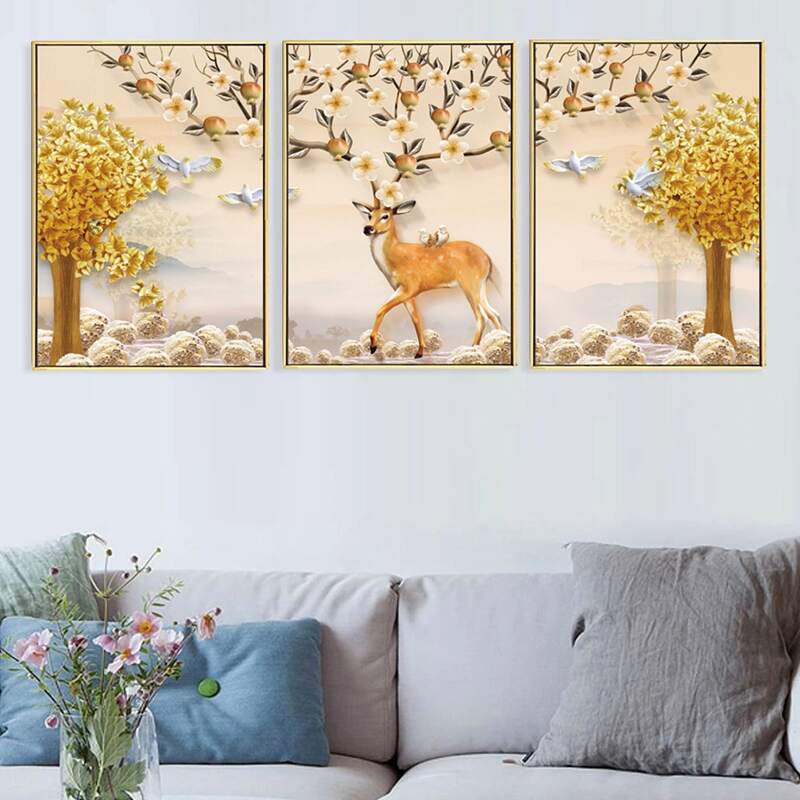 

3pcs Elk Print Wall Painting Without Frame, Multicolor