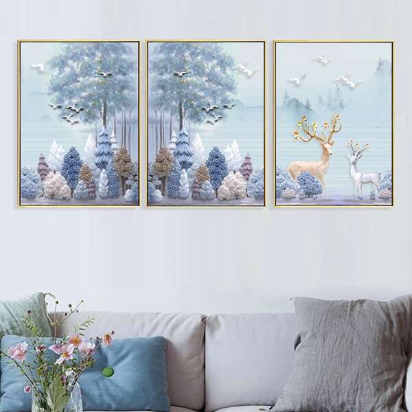 

3pcs Elk Print Wall Painting Without Frame, Multicolor