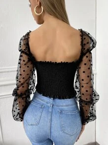 SHEIN Privé 拼接提花網紗袖打褶褶邊上衣 - 黑色 - 查看 2