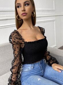 SHEIN Privé 拼接提花網紗袖打褶褶邊上衣 - 黑色 - 查看 4