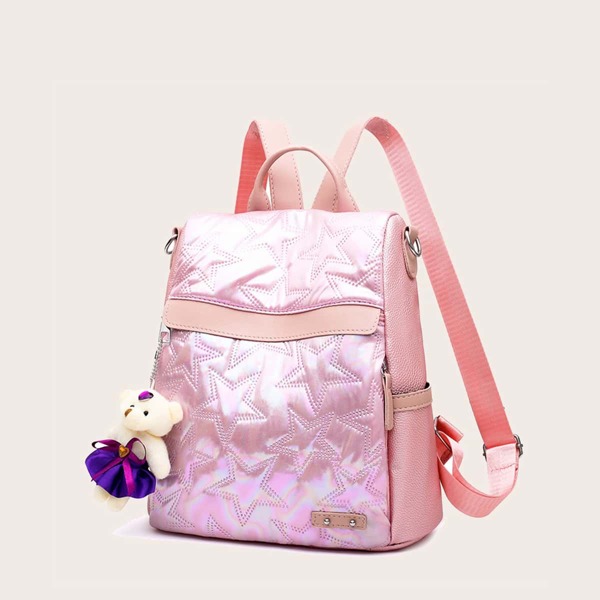 

Star Embossed Backpack With Bag Charm, Pink