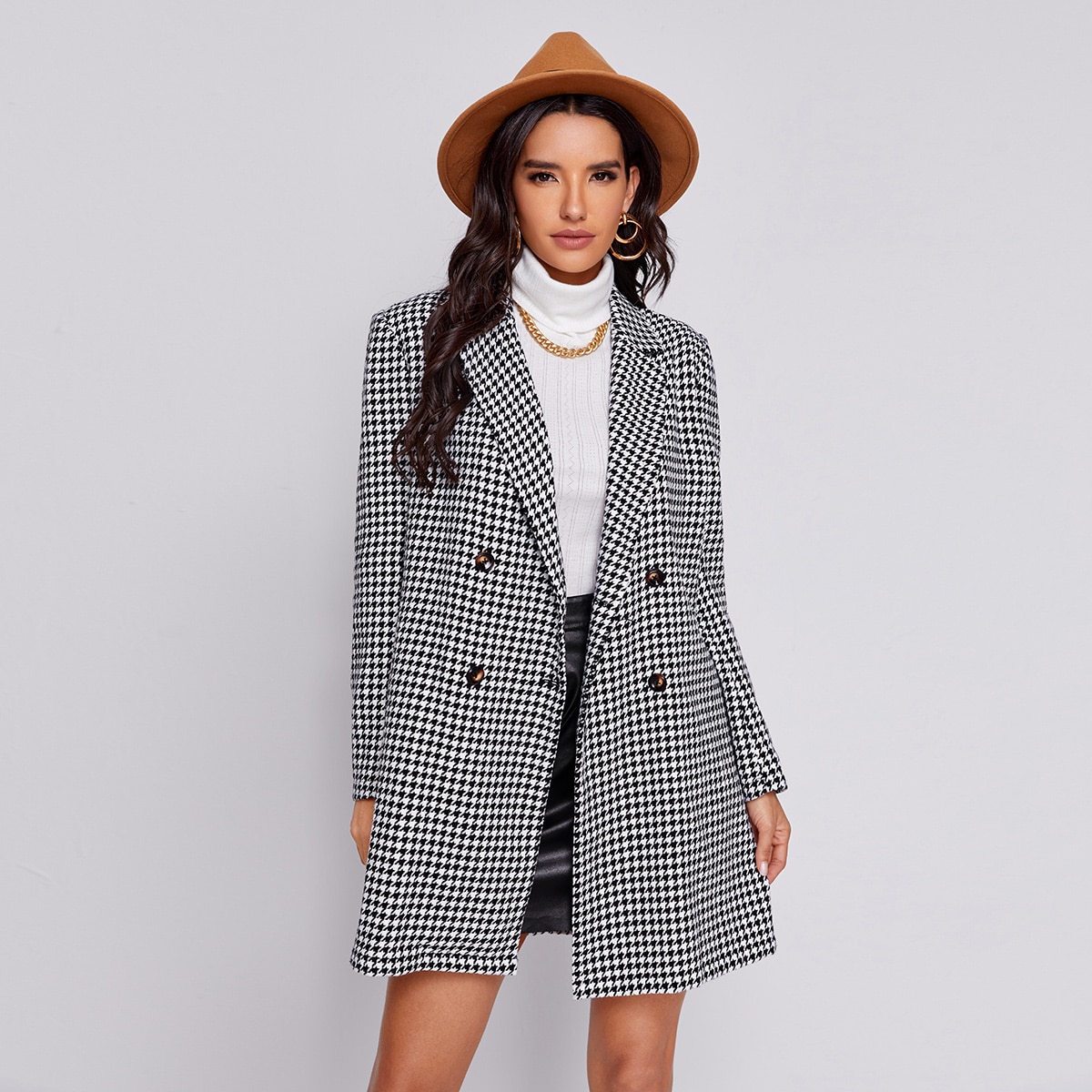 Image of Double Breasted Houndstooth Pea Coat