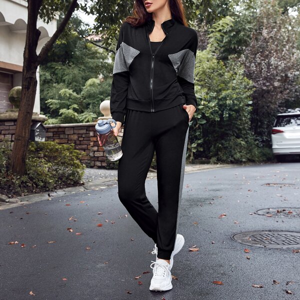 

Colorblock Zip Up Sports Jacket & Sweatpants, Black