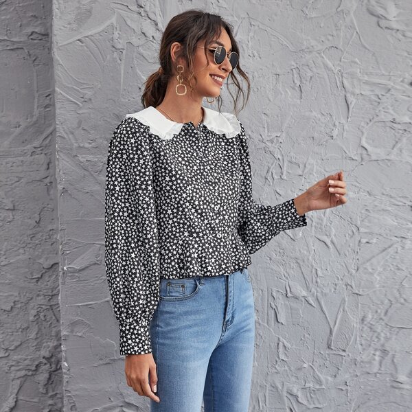 

Ruffle Trim Collar Buttoned Front Star Print Blouse, Black and white