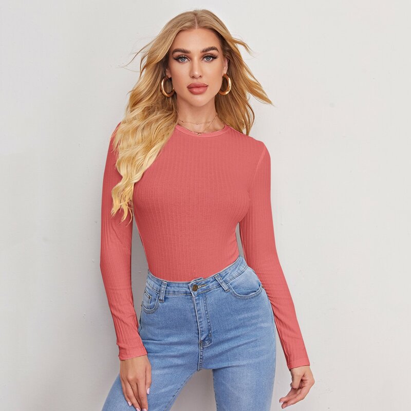 

Solid Rib-knit Tee, Coral pink