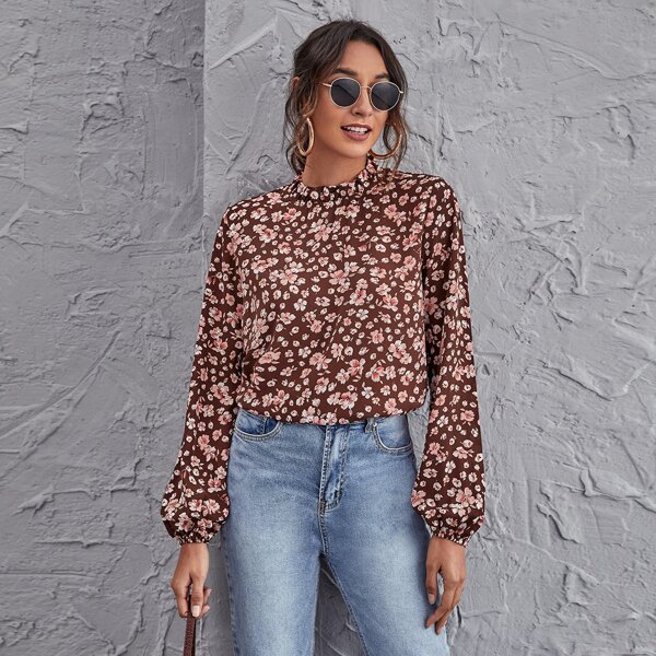

Frill Neck Lantern Sleeve Floral Top, Multicolor