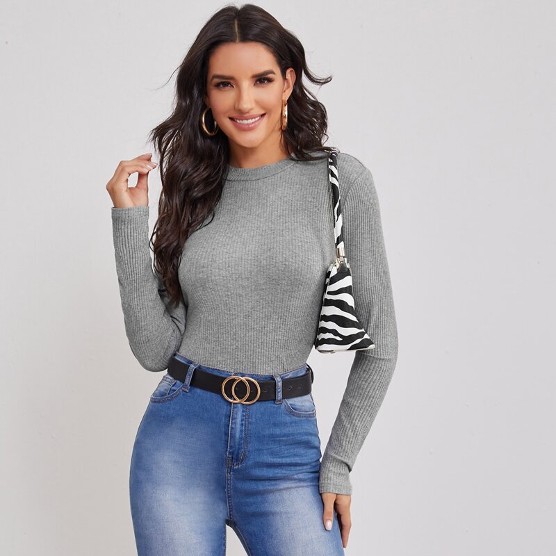 

Solid Rib-knit Fitted Top, Grey