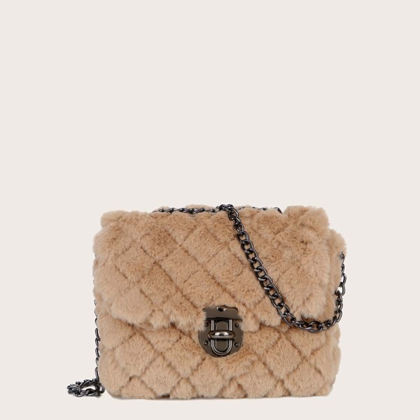 

Quilted Fluffy Chain Crossbody Bag, Khaki