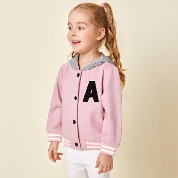 

Toddler Girls Striped & Letter Patched Hooded Jacket, Baby pink