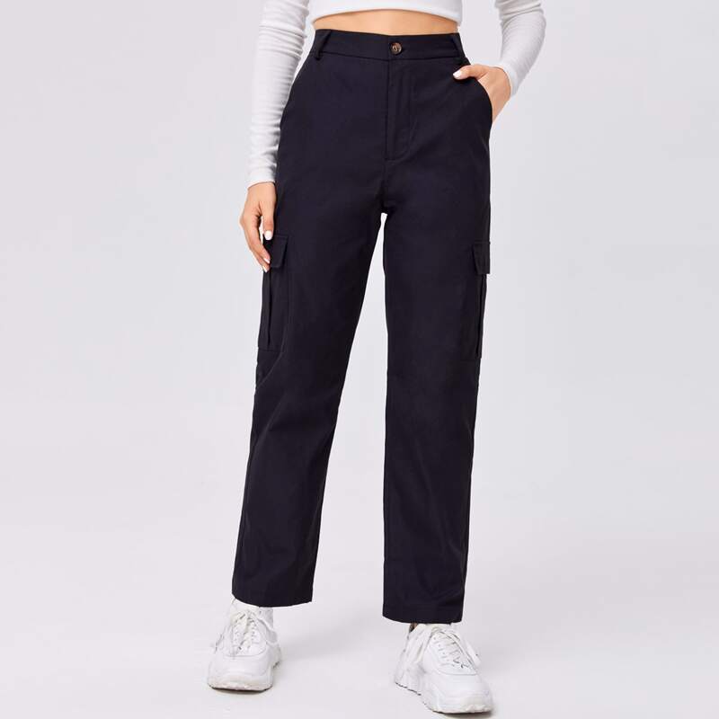 

Solid Pocket Straight Leg Pants, Black