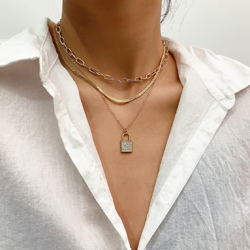

Paper Clip Chain With Lock Layered Necklace, Gold