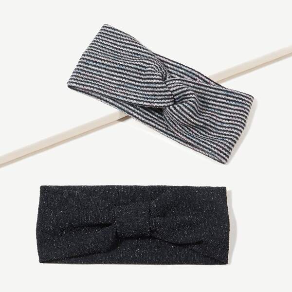 

2pcs Striped Knot Decor Headband, Black and white