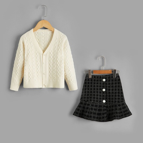 

Toddler Girls Cable Knit Button Up Cardigan & Plaid Knit Skirt, Multicolor