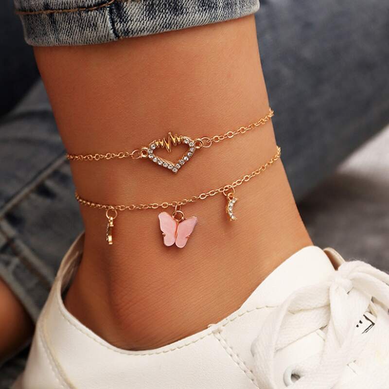 

Butterfly & Heart Rhinestone Charm Anklet, Gold