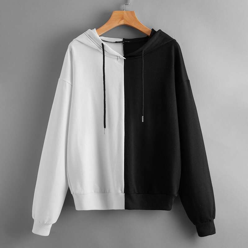 Colorblock Drawstring Hoodie, Black and white