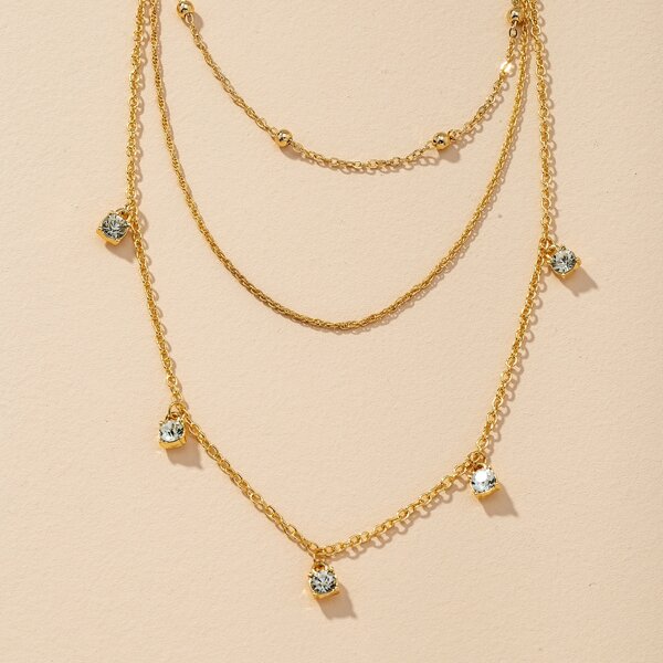 

Rhinestone Charm Layered Necklace, Gold