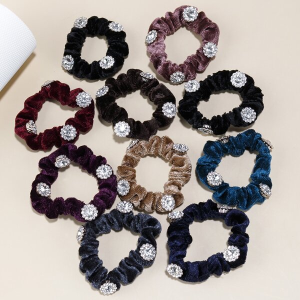 

10pcs Rhinestone Decor Scrunchie, Multicolor