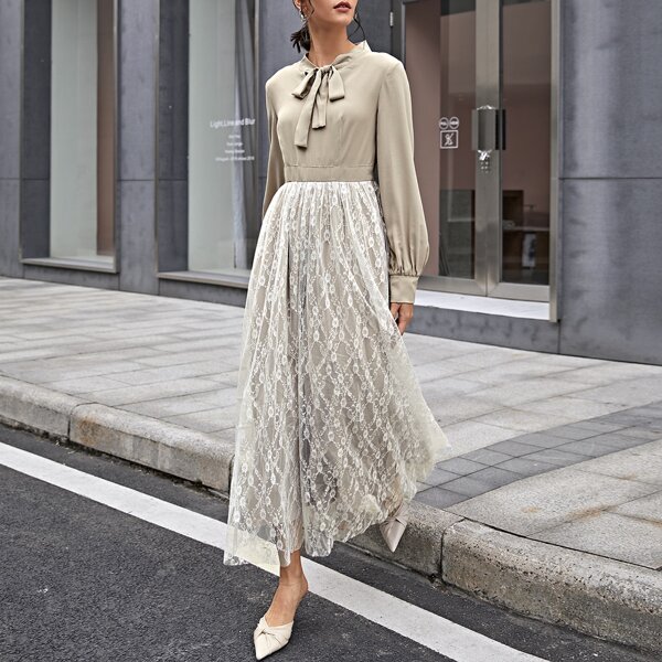 

Tie Neck Lace Overlay Colorblock Dress, Apricot