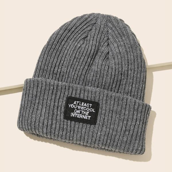

Slogan Embroidery Beanie, Light grey