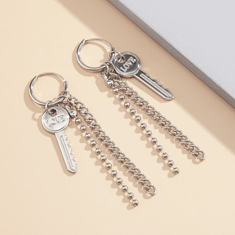 

Key & Chain Tassel Drop Earrings, Silver