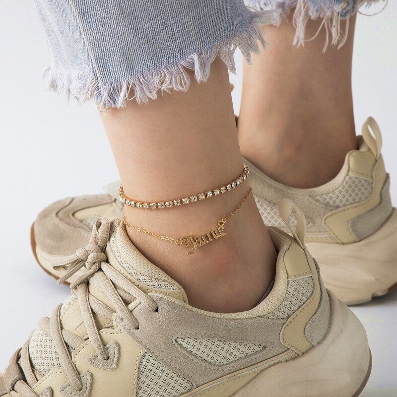

2pcs Rhinestone Letter Anklet, Gold