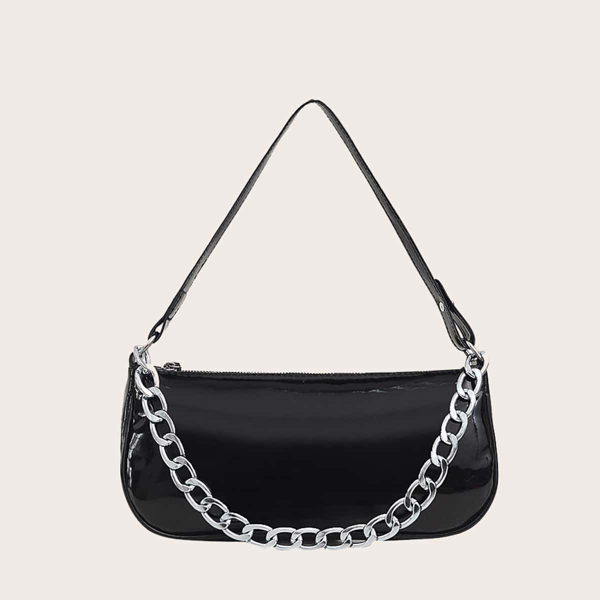 

Solid Chain Baguette Bag, Black