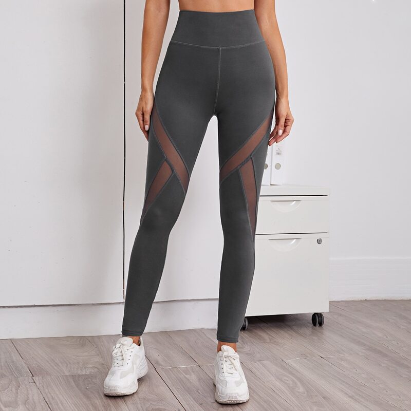 

Contrast Mesh Wide Band Waist Sports Leggings, Dark grey