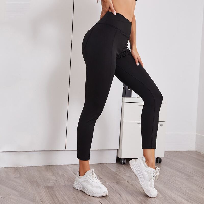 

Wide Band Waist Cropped Sports Leggings, Black