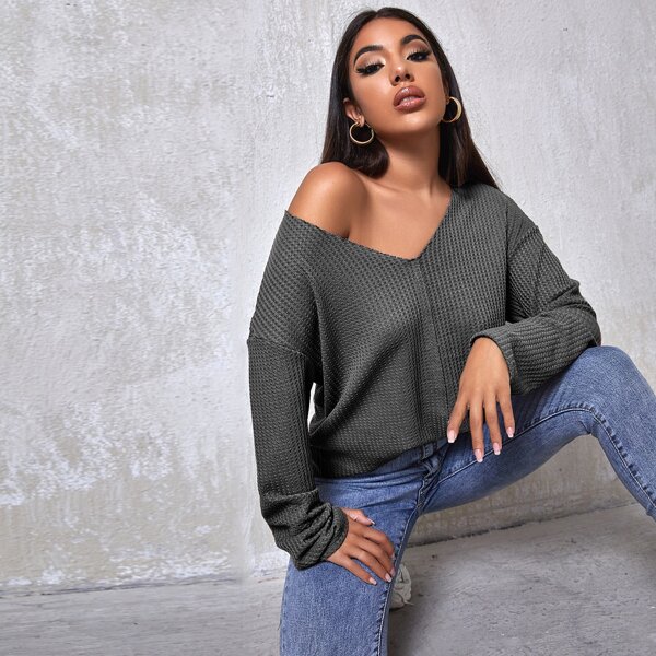 

Drop Shoulder Waffle Knit Tee, Dark grey