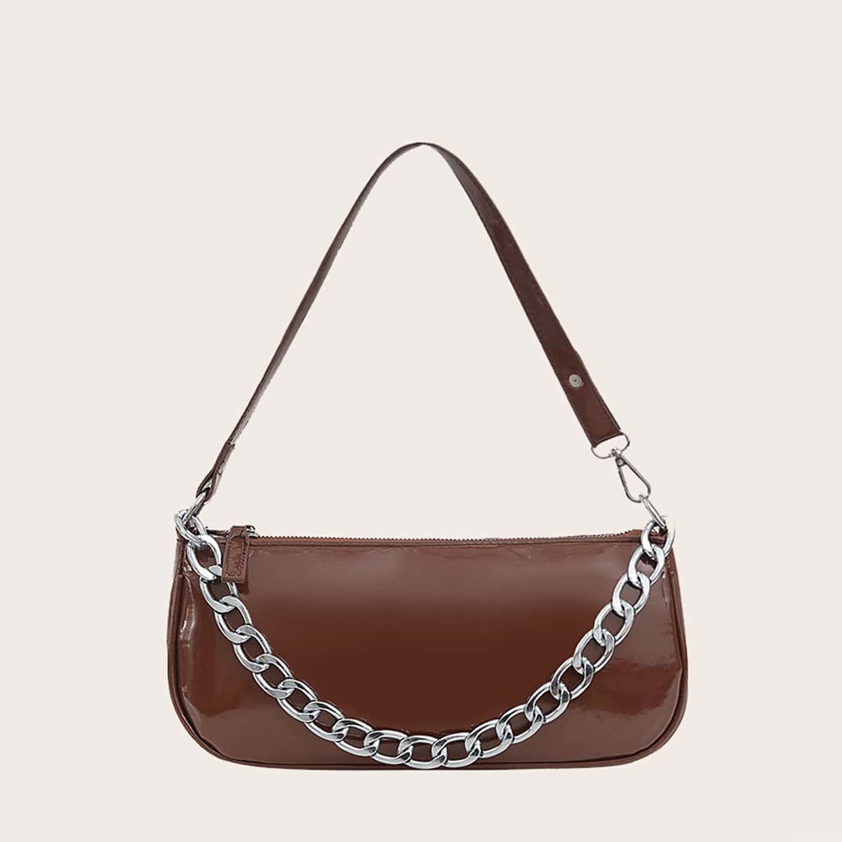 

Solid Chain Baguette Bag, Coffee brown