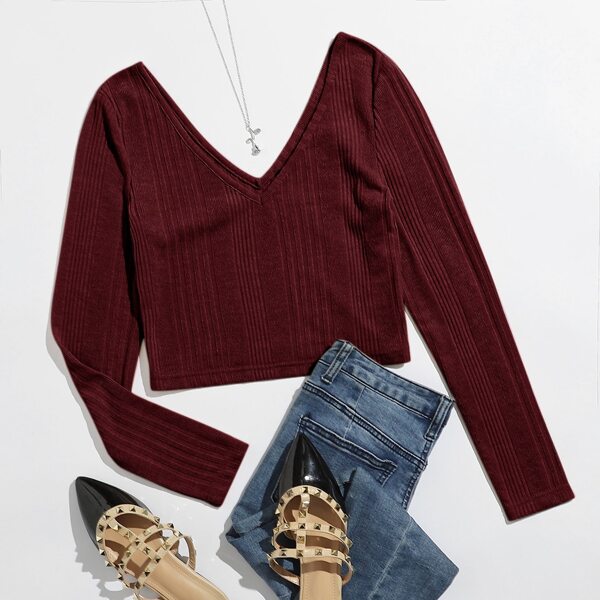 

V Neck Rib-knit Crop Tee, Maroon