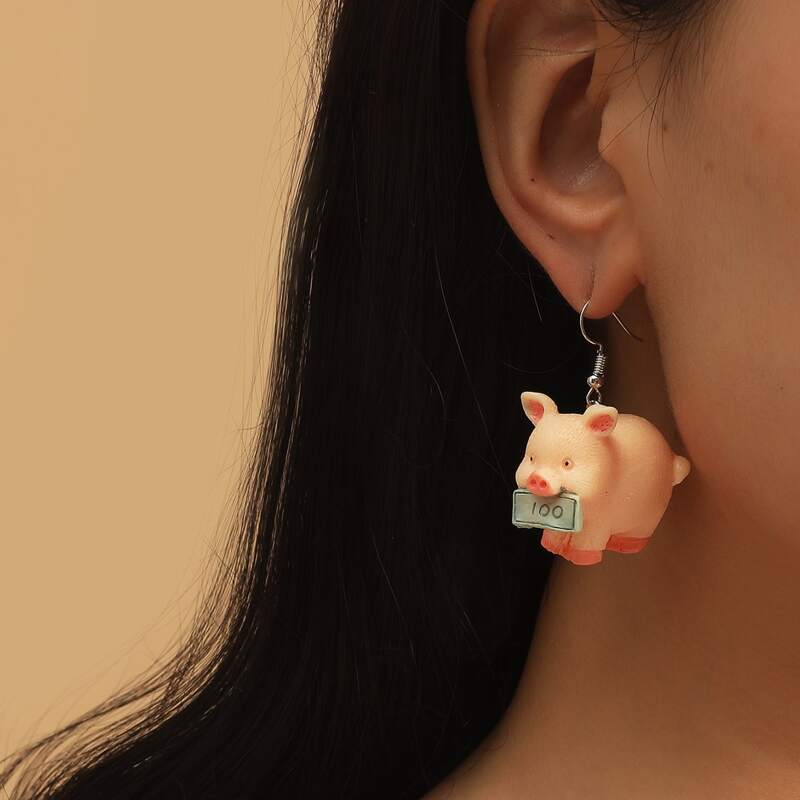 

Pig Charm Drop Earrings, Pink