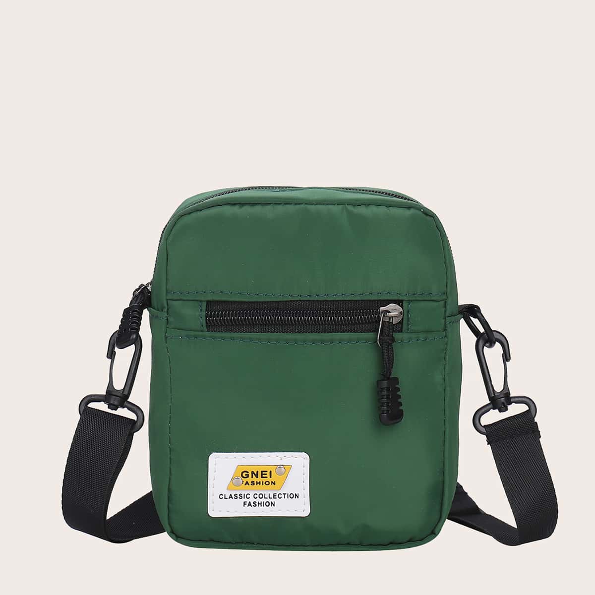 

Letter Patch Zip Front Crossbody Bag, Green